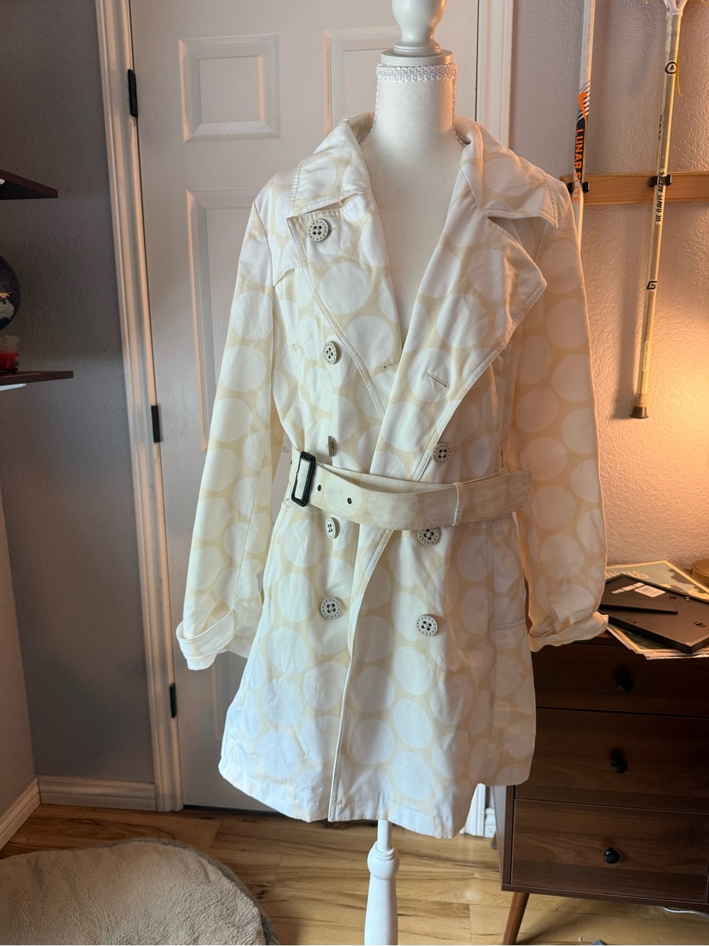 Merona Cream & White Polka Dot Belted Trench Coat